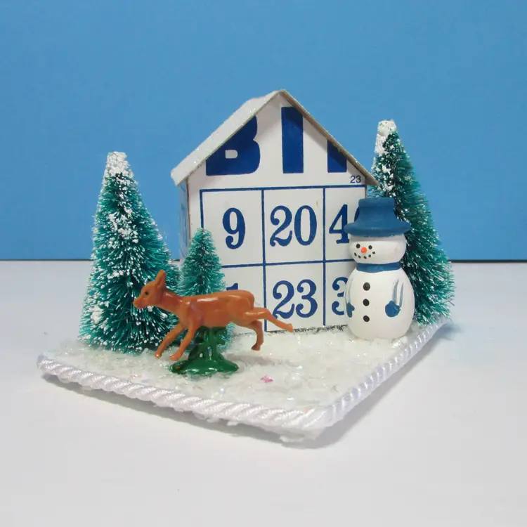 vintage crafted Bingo card house snowman and deer Winter Christmas scene