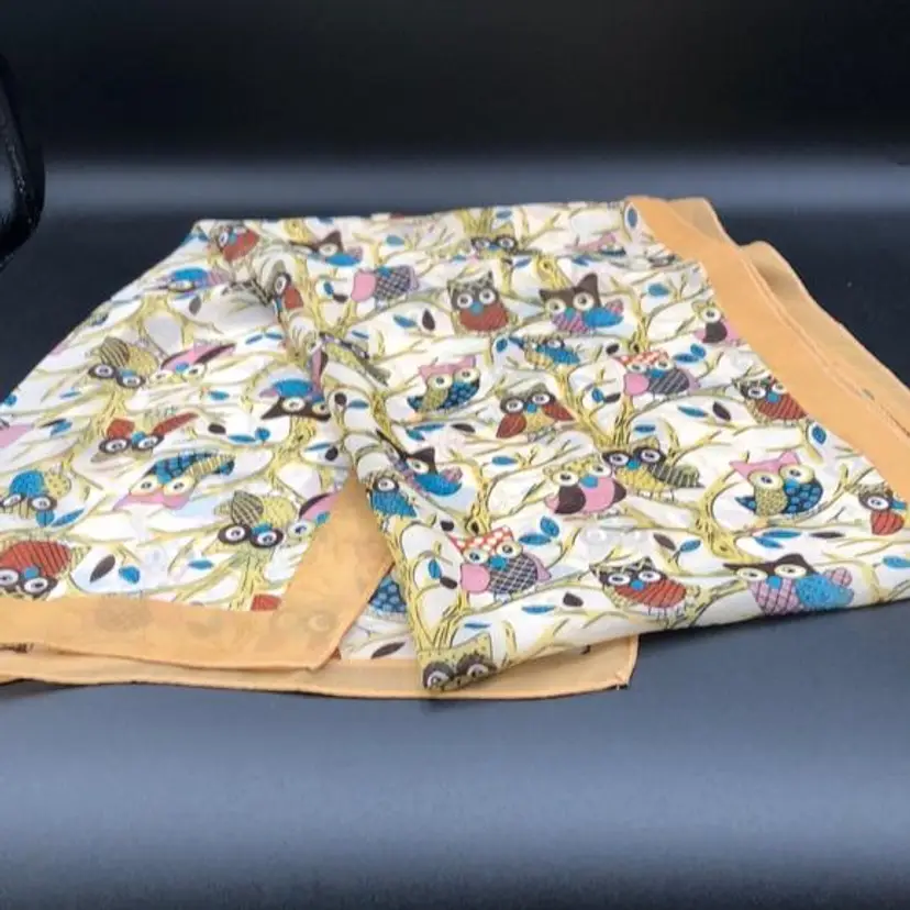 Cute Owls in Tree Branches Beige Trim Light Polyester Scarf