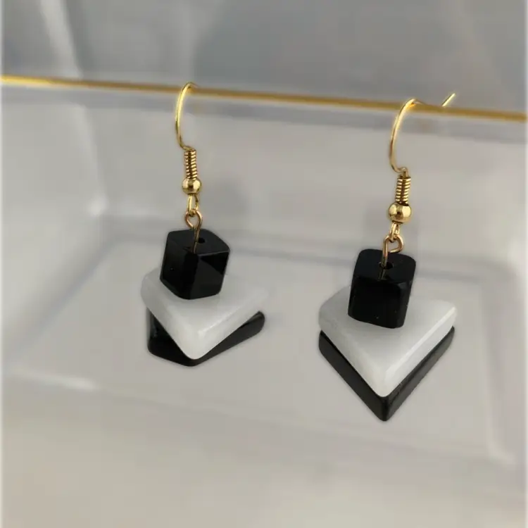 Geometric Stacked Black and White Glass Earrings