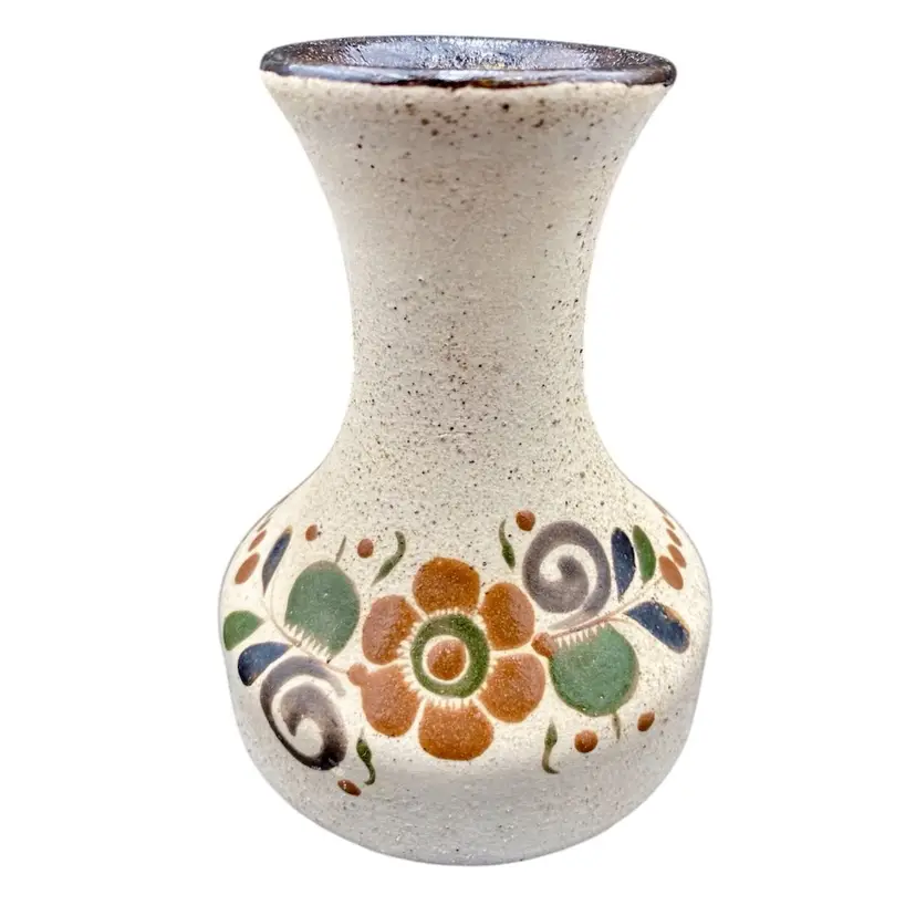 Vintage Tonala-Style Mexican Folk Art Pottery Vase, Hand-Painted, 5 inches tall