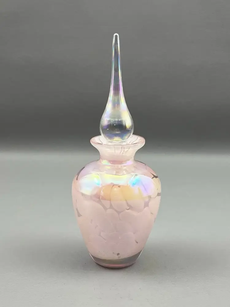 Vintage Iridescent Pink Glass Perfume Bottle w/ Stopper Art Glass Vanity Decor 5.75"