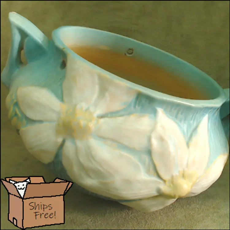 Vintage Roseville Pottery Hanging Planter | White Clematis Flower on Matte Blue | Sturdy Outdoor Planter | 1940s The Roseville Pottery Company Made in USA