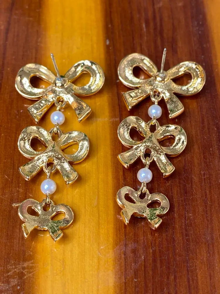Vintage Whiting and Davis Gold Tone Faux Pearl Rhinestone Bow Dangle Earrings