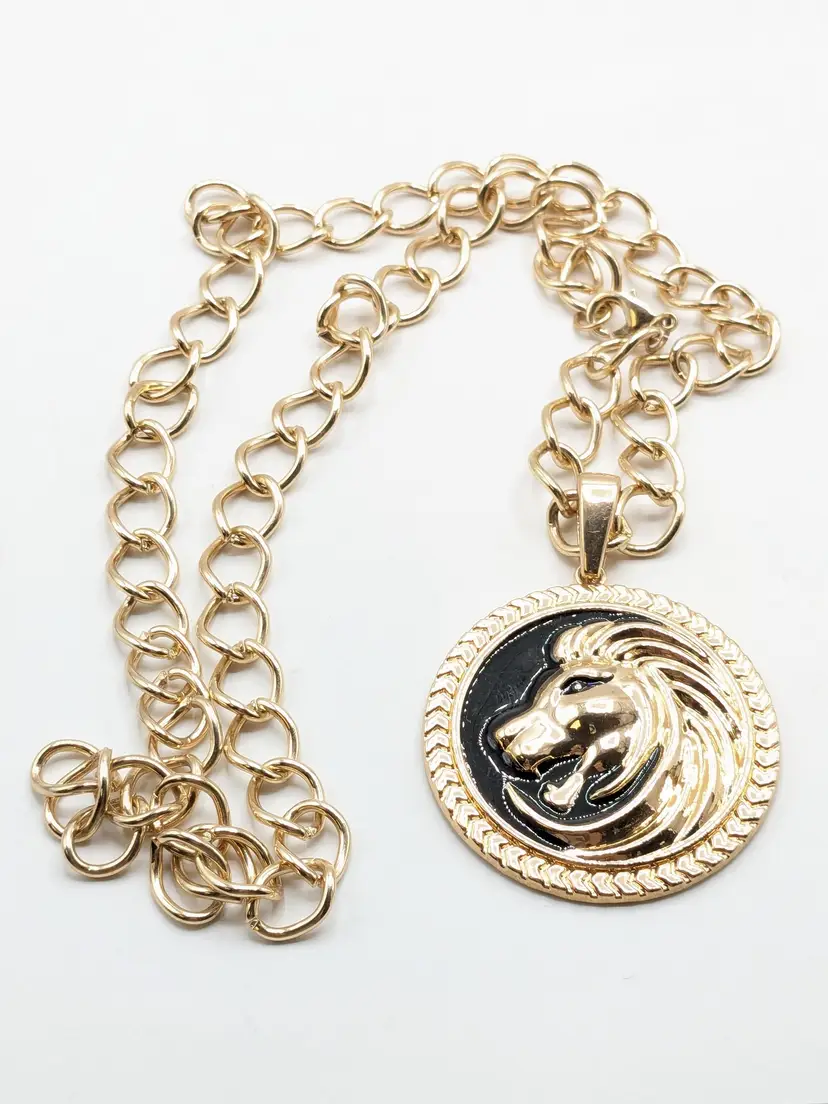 Gold Tone Lion Pendant Necklace Jewelry Roar