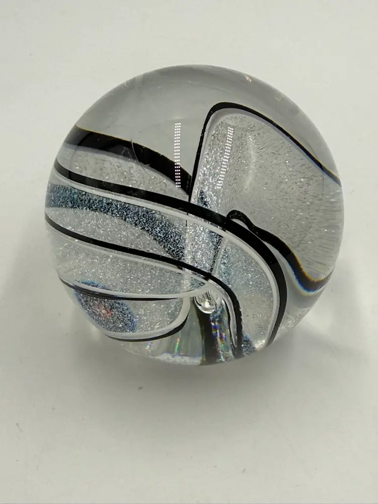 Glass Eye Studio GES 2011 Round Paperweight Black White Ribbons Dichroic Sparkle