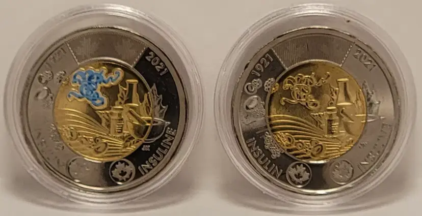Canada $2 Dollar Coin Toonie, Discovery of Insulin, Two Coins, 2021, Colorized & Regular