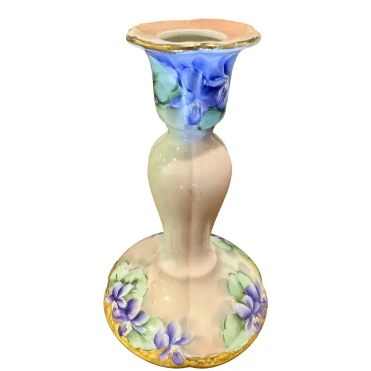 Vintage hand-painted porcelain candlestick holder with a violet floral design. Goebel Wilhelmsfeld in France from 1092s
