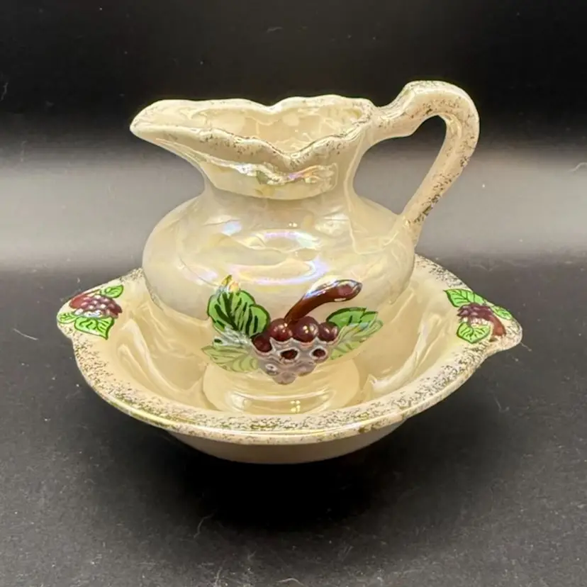 Vintage Iridescent Wash Basin And Pitcher Set - signed