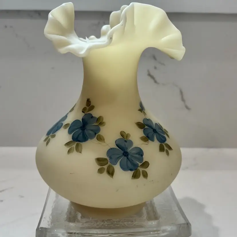 Vintage Fenton Custard Ruffled Vase With Hand Painted Blue Flowers - 7” Tall, Signed