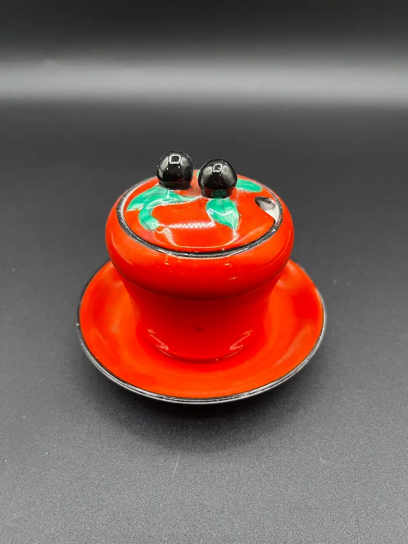Fire Orange Noritake Blueberry Adorned Lidded Condiment Jar With Attached Underplate🫐