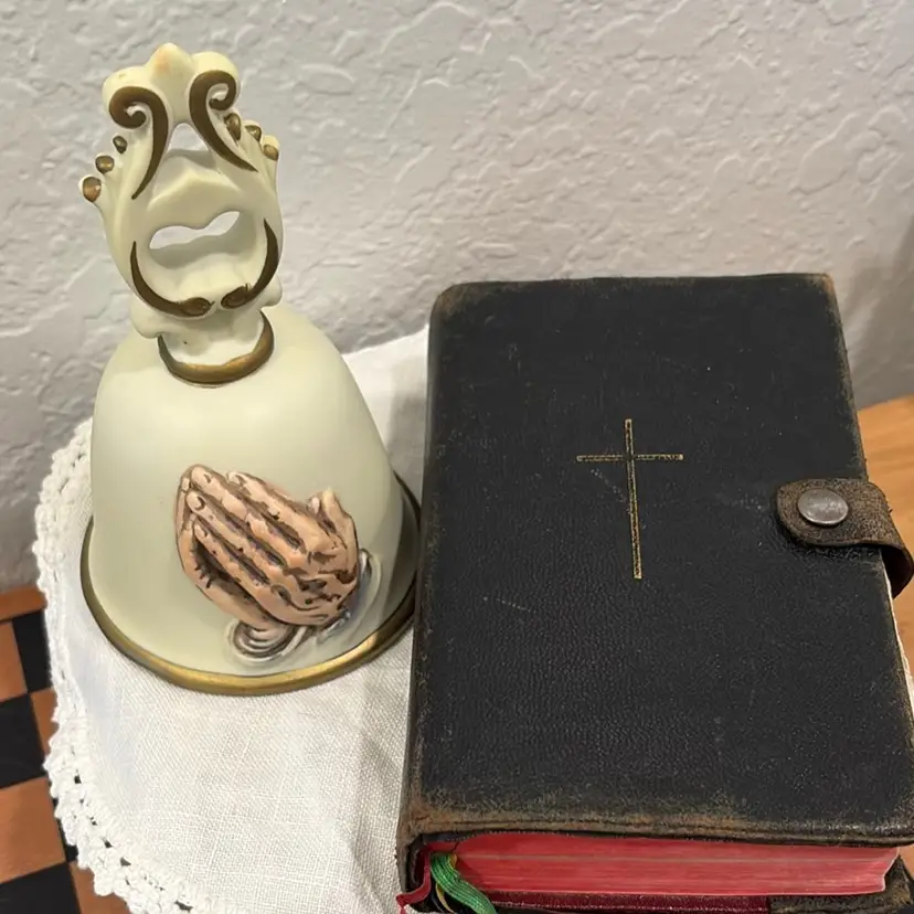 Cream Bisque Praying Hands Bell & Leather Missal