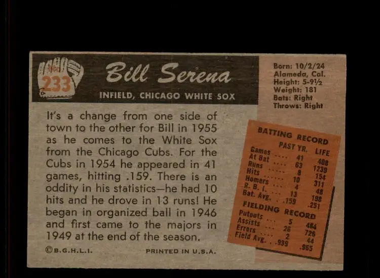 1955 Bowman #233 Bill Serena - (pk-tl3) - Chicago White Sox
