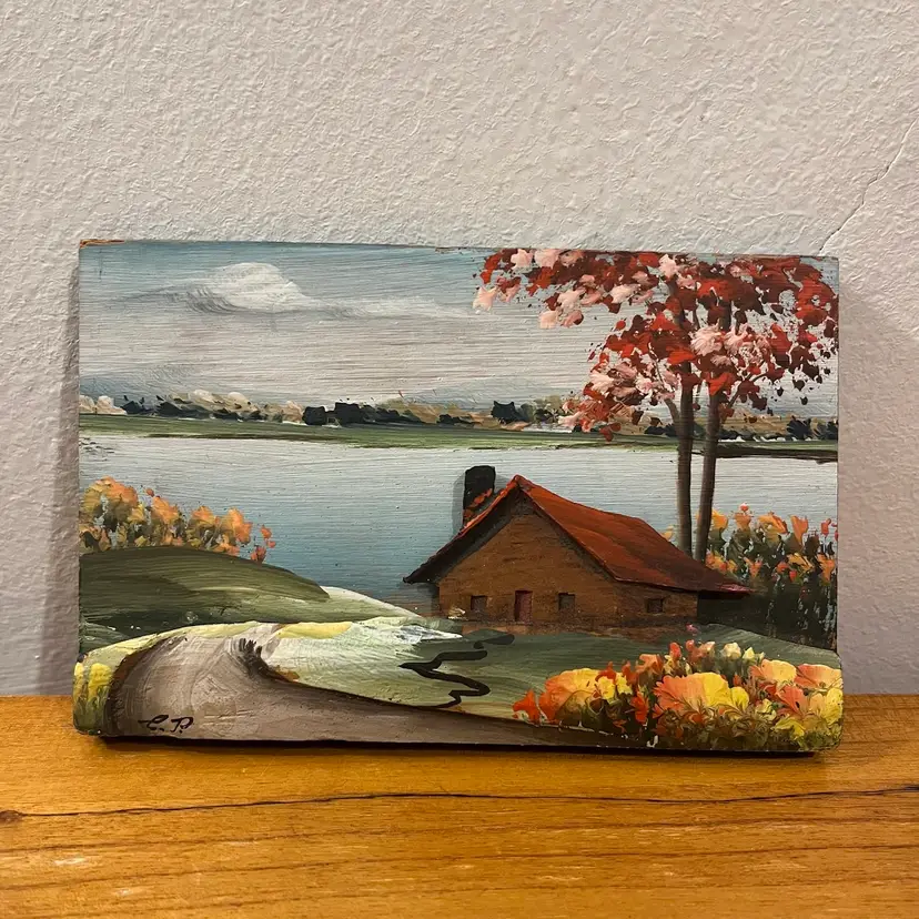 Small Wood Carved Painting Plaque Country Scene Rustic Fall