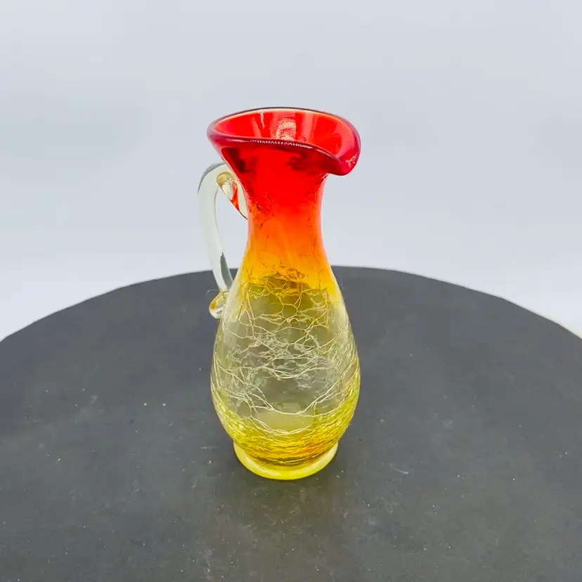 #0708 Small jug Vintage Crackle Glass handmade Amberina bud vase creamer