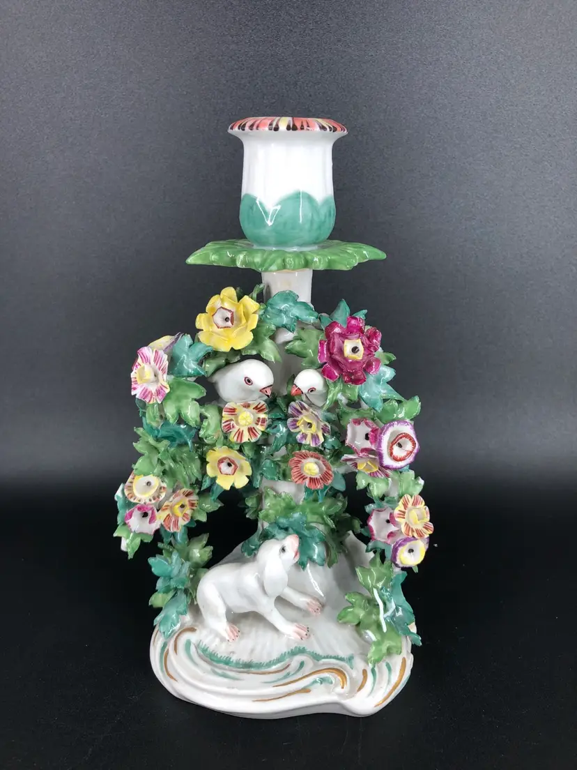 Antique Derby Porcelain Dog Chasing Birds Candlestick Circa 1880