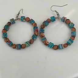 Vintage Artsy Glass Beaded Millifiori Hoop Dangle Hook Earrings