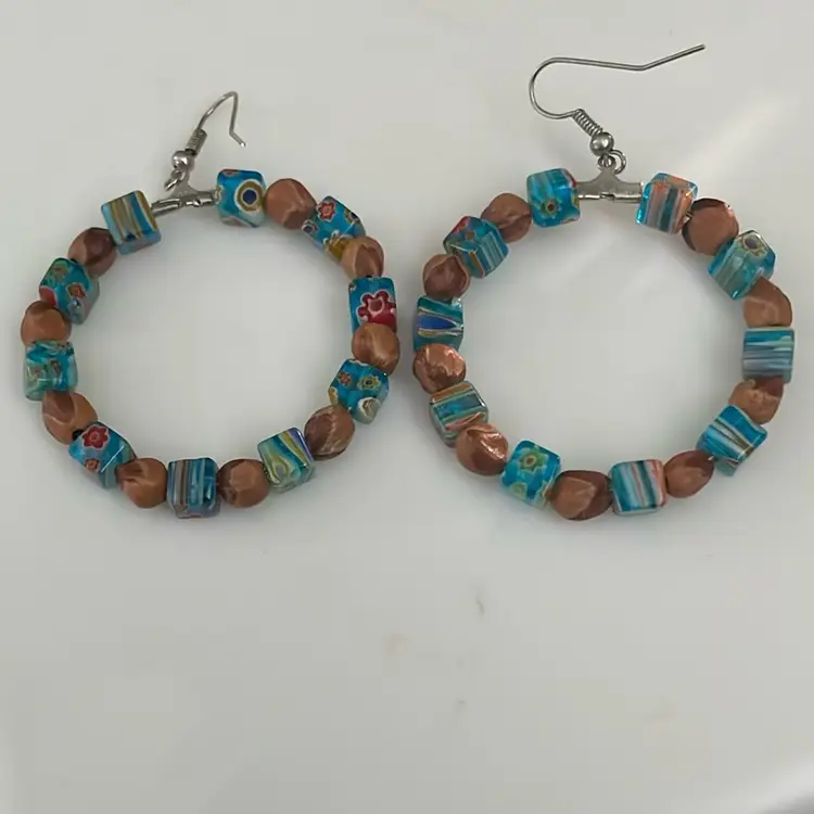 Vintage Artsy Glass Beaded Millifiori Hoop Dangle Hook Earrings