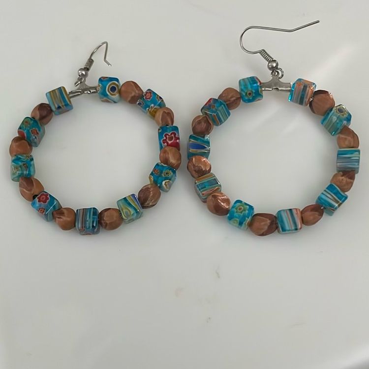 Vintage Artsy Glass Beaded Millifiori Hoop Dangle Hook Earrings