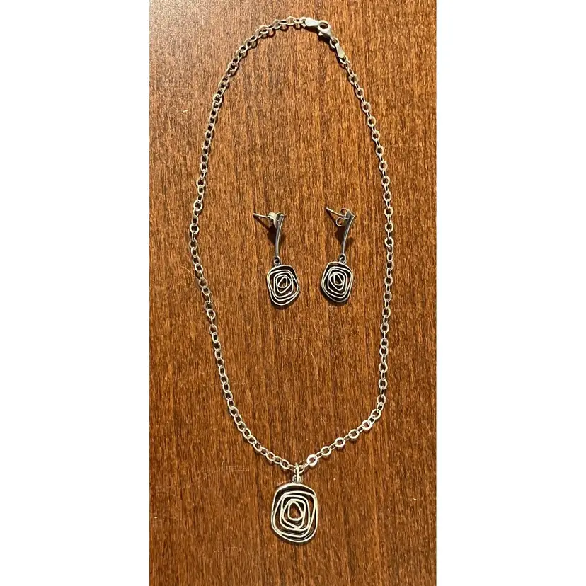 Sterling Silver Contemporary Swirl Abstract Necklace Pendant Chain and Earrings