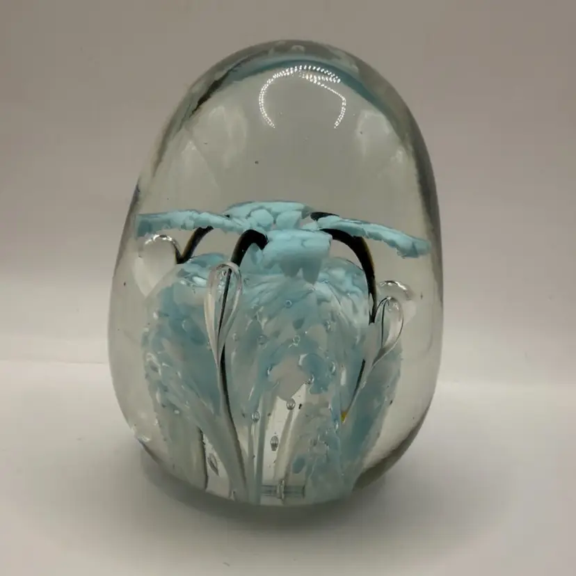 Baby Blue Blooming Flower Multi Polished Base Art Glass Magnum Oval Paperweight 4β