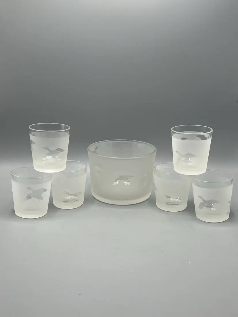 VTG MCM Federal Frosted Glass Ice Bucket & 6 glasses Geese Hunting Ducks Fowl