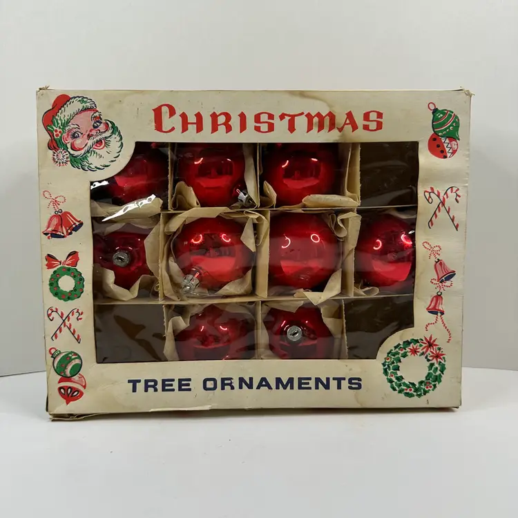 Partial Set of 9 Vintage Red Glass Christmas Tree Ornaments, Poland