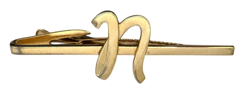 Vintage Hickok USA Tie Bar Clip Gold Tone Monogram Initial Letter N or U Cursive