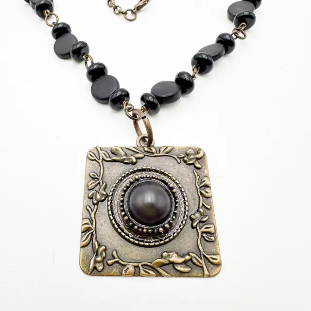 Black Pendant Necklace and Matching Earrings Antiqued Gold Tone Handmade