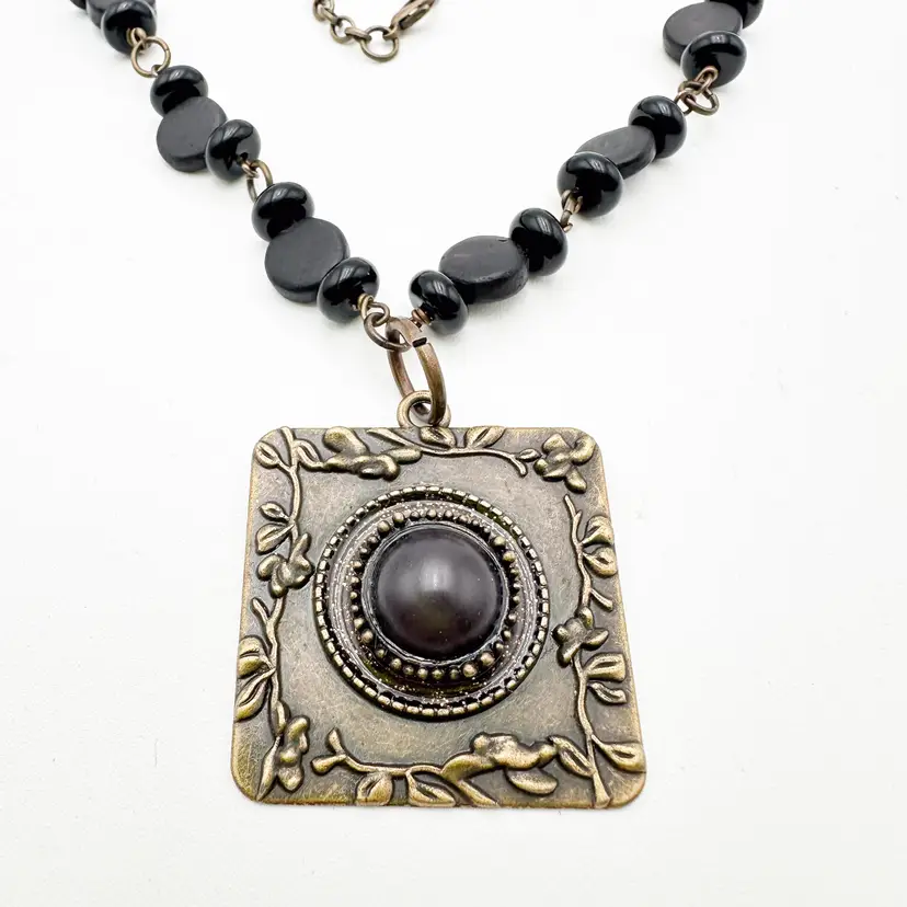 Black Pendant Necklace and Matching Earrings Antiqued Gold Tone Handmade