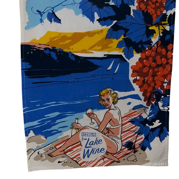 “Greetings From Lake Wine” Kitschy Vintage Inspired Tea Towel By Blue Q 100% Cotton 26” x 20”