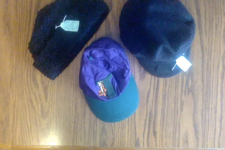 Vintage Hats: Black Shearling, Black Greek Fisherman's Cap, Purple Tigger Ball Cap.  $8each.