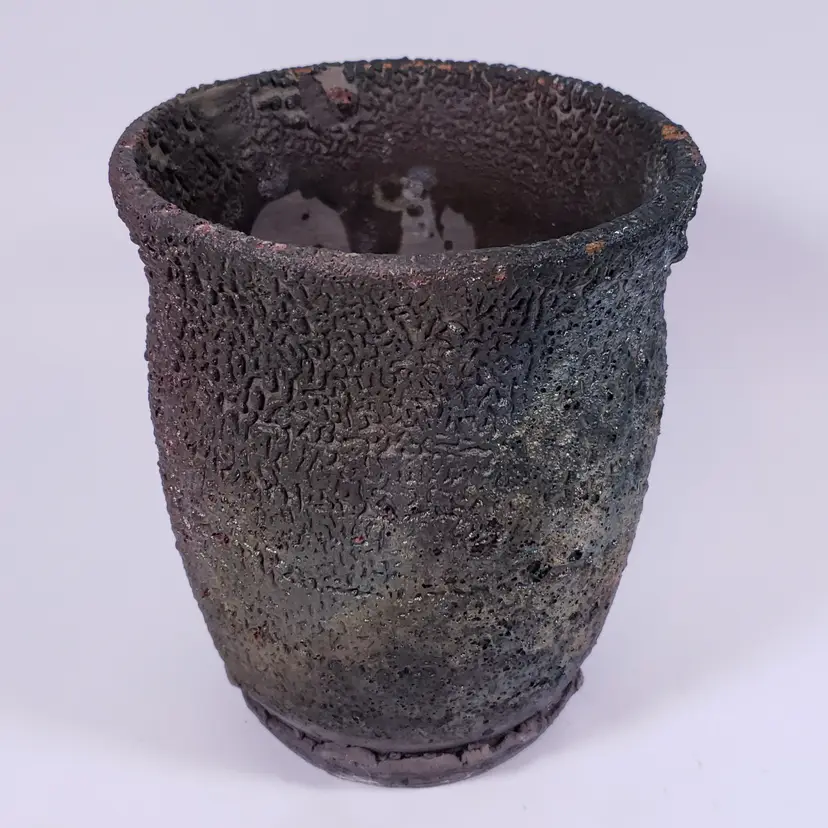 SIGNED RAKU Pottery Metallic Iridescent Lava Crude Textured Drip Glaze Rose VASE