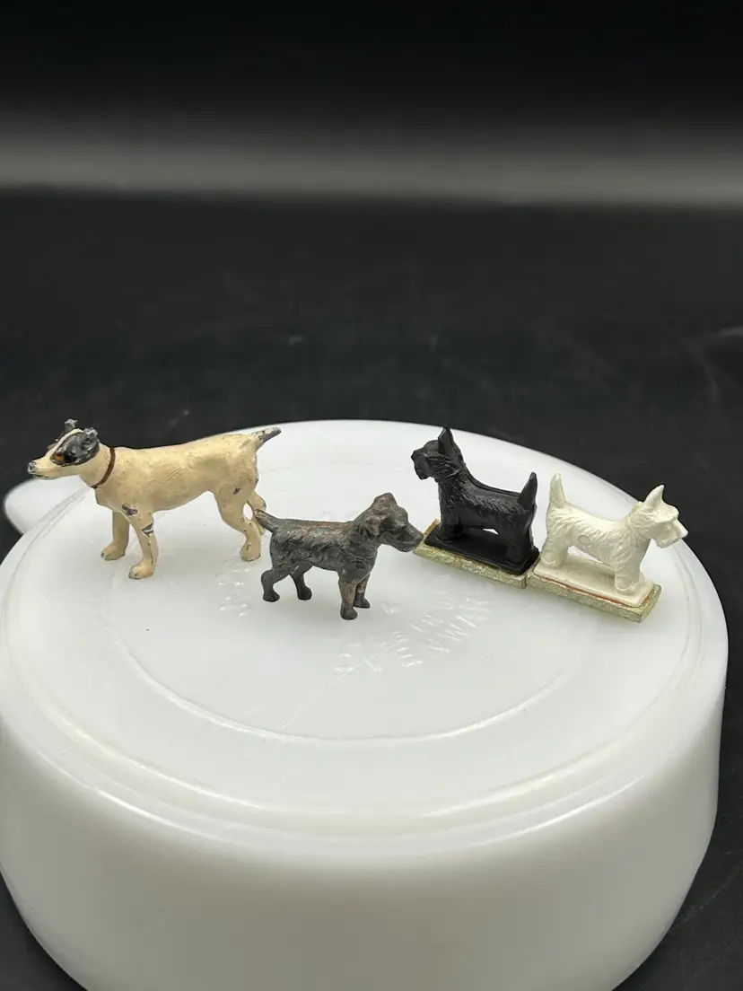 4 Vintage Small Metal Scotty And Jack Russell Dog Figurines, Including “ Tricky Dogs”