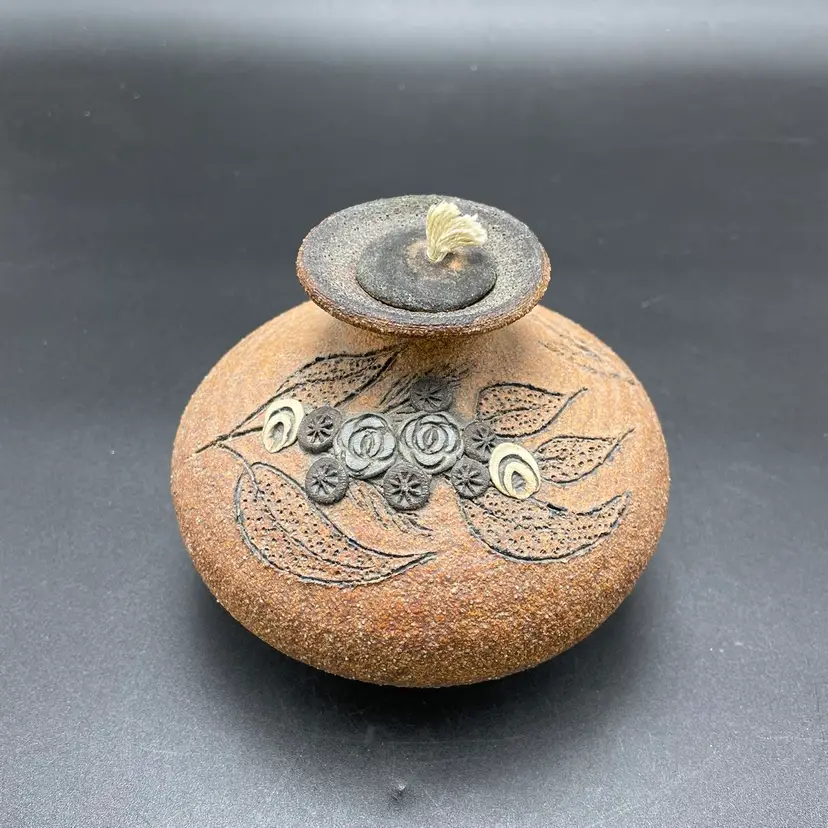 Carma Sand Art Pottery Oil Lamp Vase Bottle Floral Boho Signed Vintage