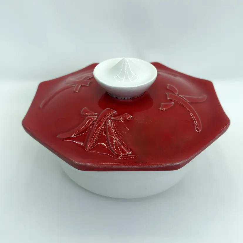 Red California Pottery Lidded Bowl: Mid Century Lazy Susan Centerpiece (0223-25)