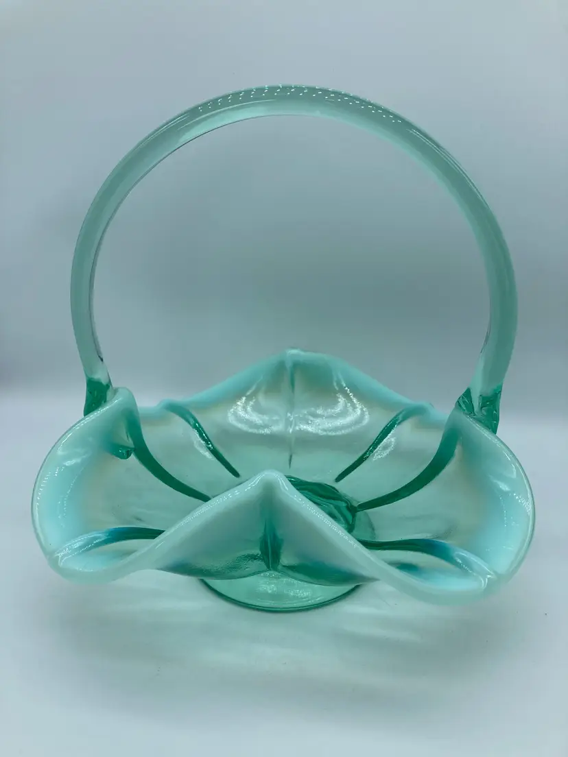 Vintage Fenton Aqua Opalescent Ribbed Basket
