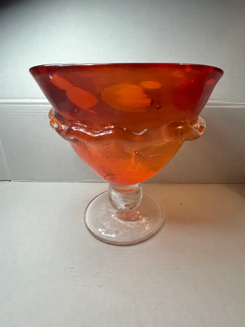 Art Deco Amberina Footed  Compote Bowl/Candy Dish With Side Scallops