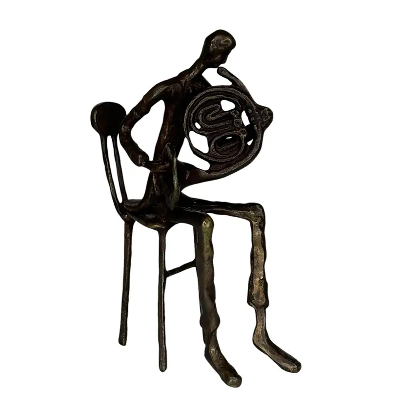 Bronze French Horn Player Sculpture by Burn 8 1/4" Brutalist MCM