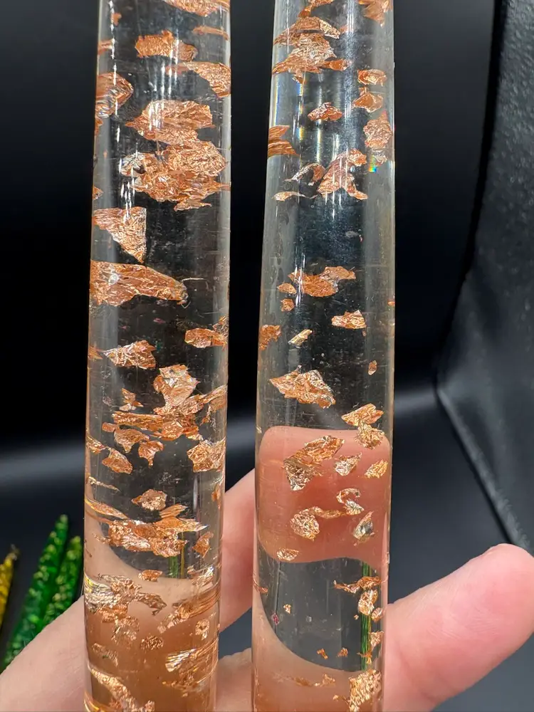 Pair Of Clear Lucite Candles With Copper Flecks 8”