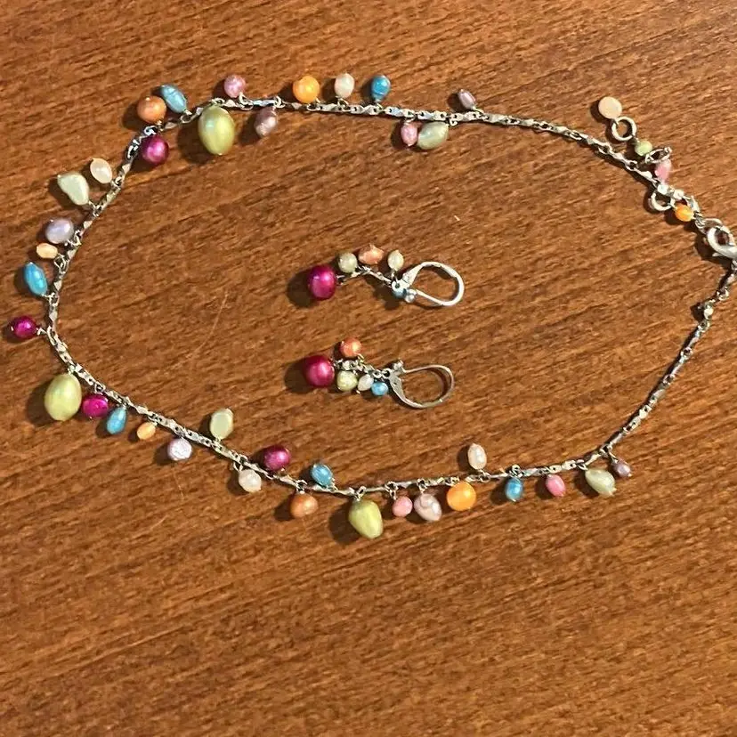 Set Silver Chain with Multisized and Colored Bobble Necklace 8 1/2" and Earrings
