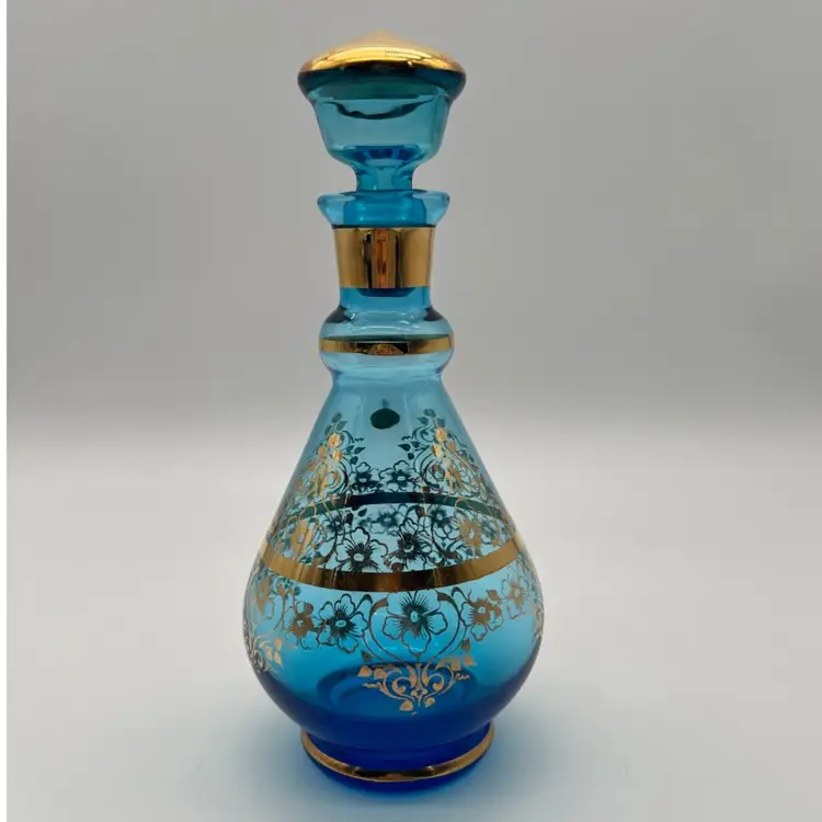 Vintage Italian Blue & Gold Design Decanter & Six Glasses