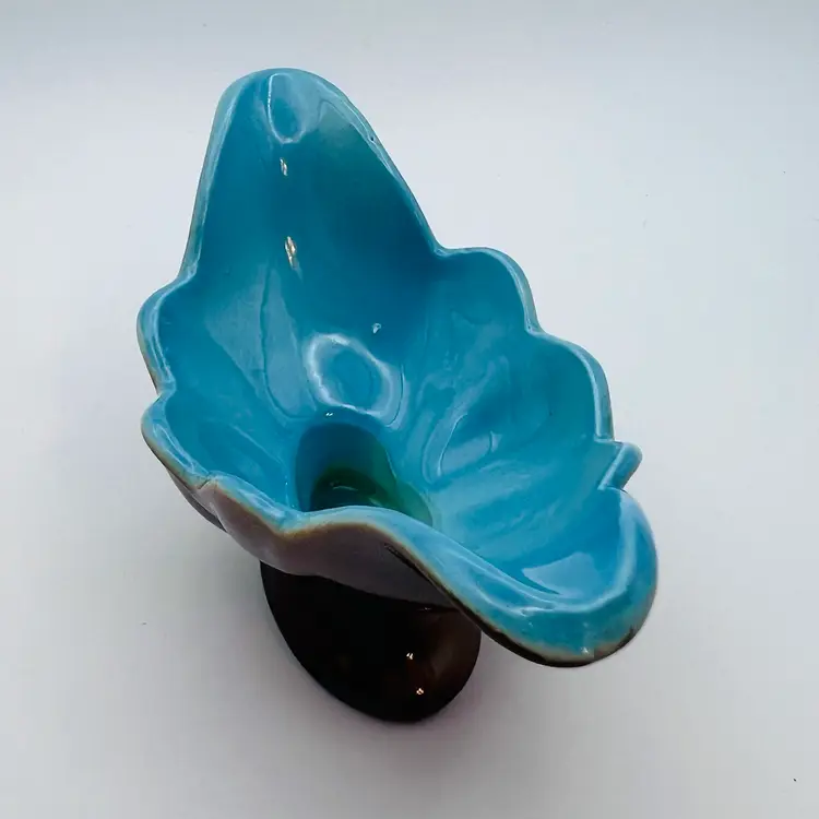 Vintage Midcentury Blue And Brown Ceramic Small Flared Planter Bowl 2.75”x 5.5”