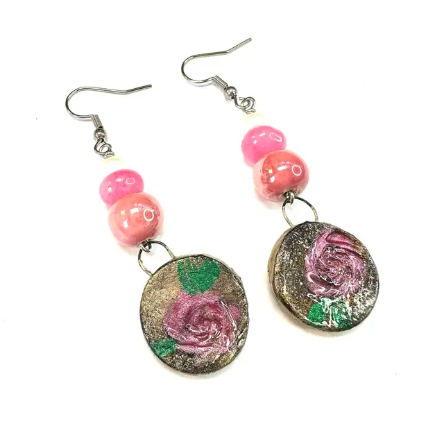 Pink Stone Ceramic Freshwater Pearl Beads Handmade Rose Charm Dangle Earrings Silver Tone 2.5”L Made By Me