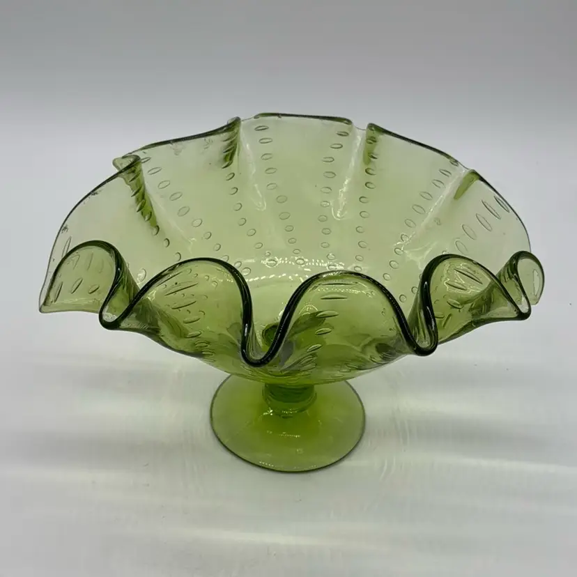 Compote Bowl Hand Blown Green On Pedestal Controlled Bubbles Ruffled Rim 11.5”W