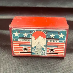 Vintage 1950s Budget Bank-Tin Coin Box Patriotic Capital Design