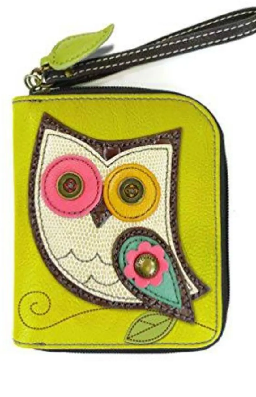 Chala Vegan Wallet Mustard Yellow With Owl Applique & Leaf Zipper Card Slots