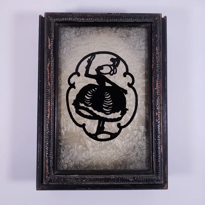 ART DECO Colonial Lady Silhouette Reverse Painting Frost Glass WOOD JEWELRY BOX