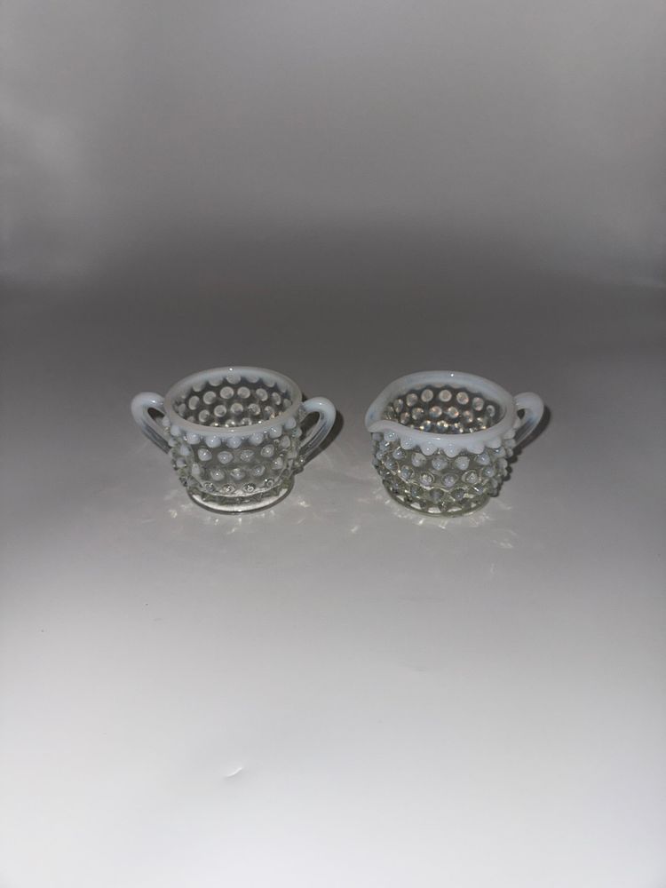 Vtg. Mid Century Moonstone Fenton Glass Hobnail Sugar & Creamer Set W/ Handles