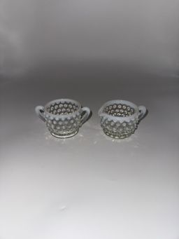 Vtg. Mid Century Moonstone Fenton Glass Hobnail Sugar & Creamer Set W/ Handles