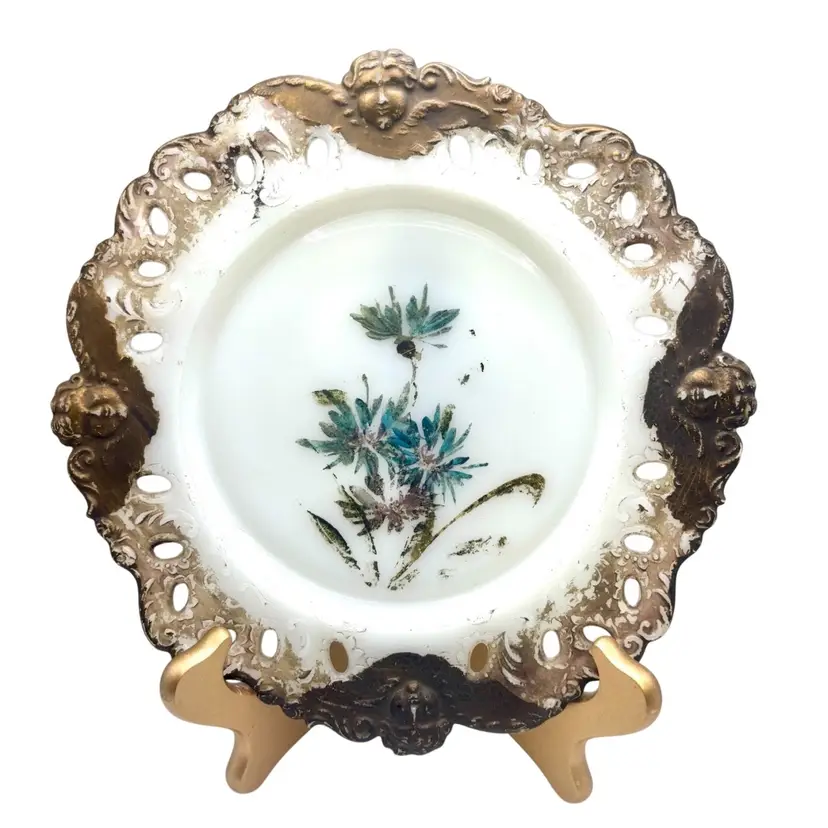 Antique Milk Glass Painted Cornflowers Cherub Border 9”